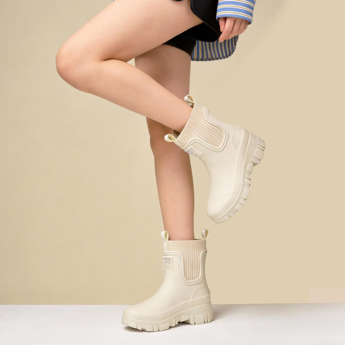 FOGOIN Women Chelsea Rain Boots Mid-Calf Waterproof Lightweight Non-Slip Garden Booties Warm Lined Comfortable Slip On