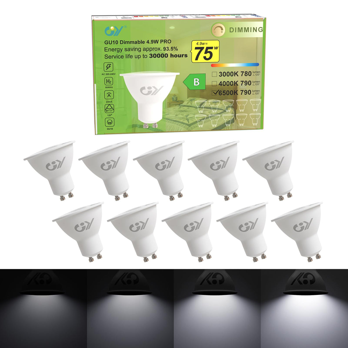 GY GU10 LED Bulb 4.9W 790lm Cool White 6500K Energy Saving LED Bulb, The New UK Energy Efficiency Class B Replaces 80W, 110°Beam Angle Non-Dimmable, 10 Pack