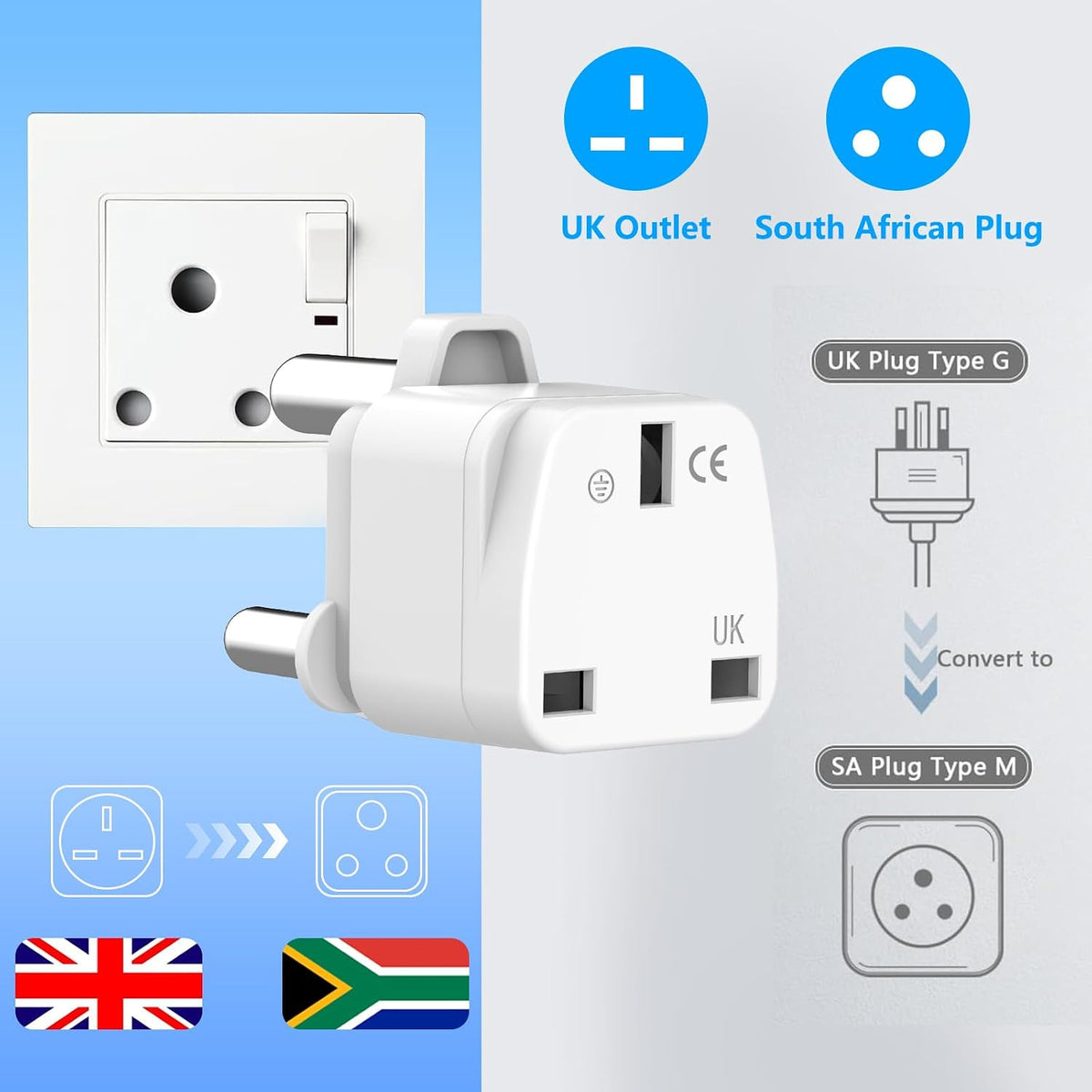 Loydia UK to South Africa Plug Adapter, 2 Pack UK to South Africa Travel Adapter Converter Plug, 3 Pin South Africa Travel Adaptors for Botswana, Lesotho, Swaziland, Namibia, Sri Lanka (White, Type M)