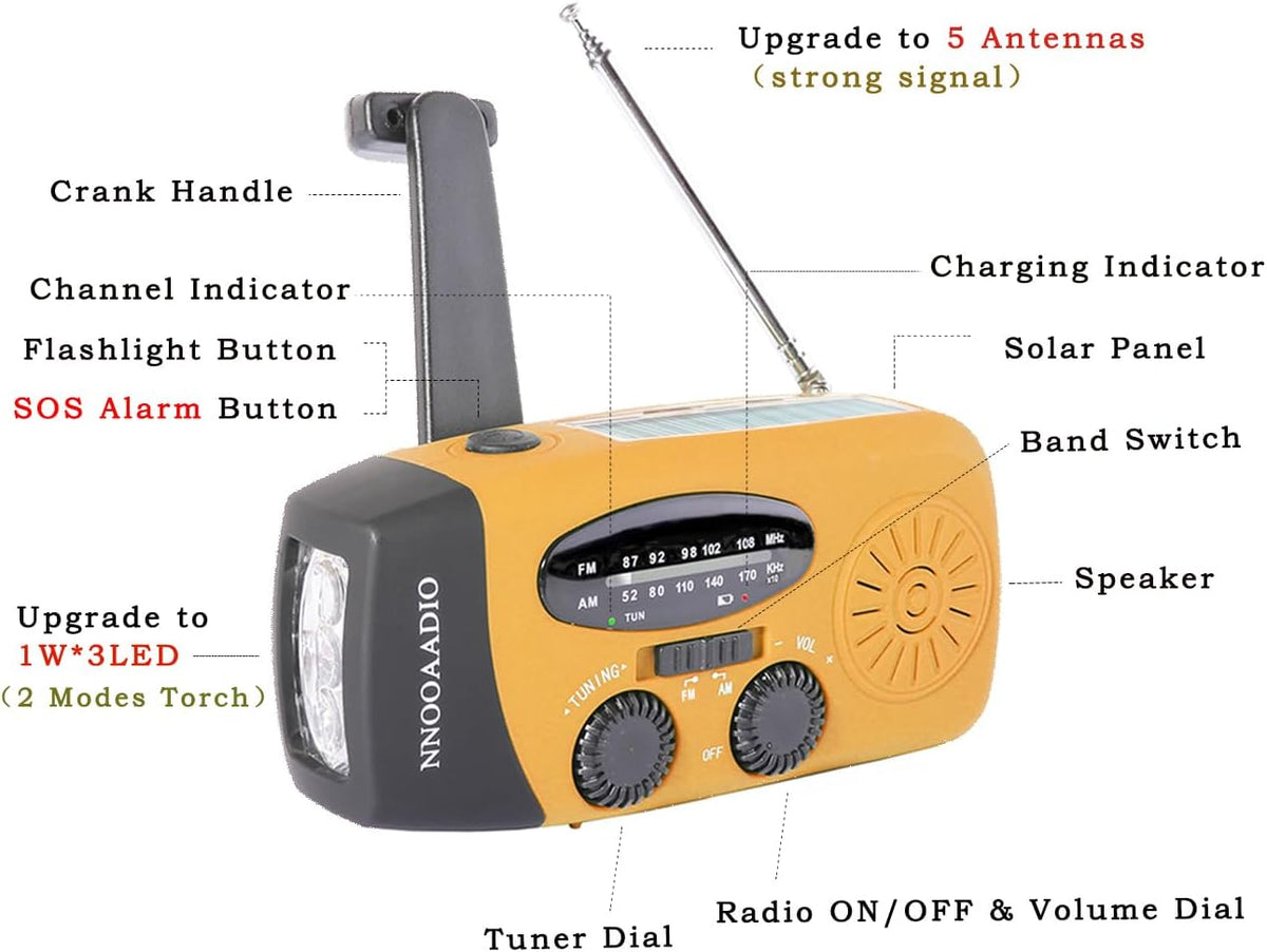 NNOOAADIO Wind Up Solar Hand Crank Radio, 2000mAh SOS Alarm for Camping