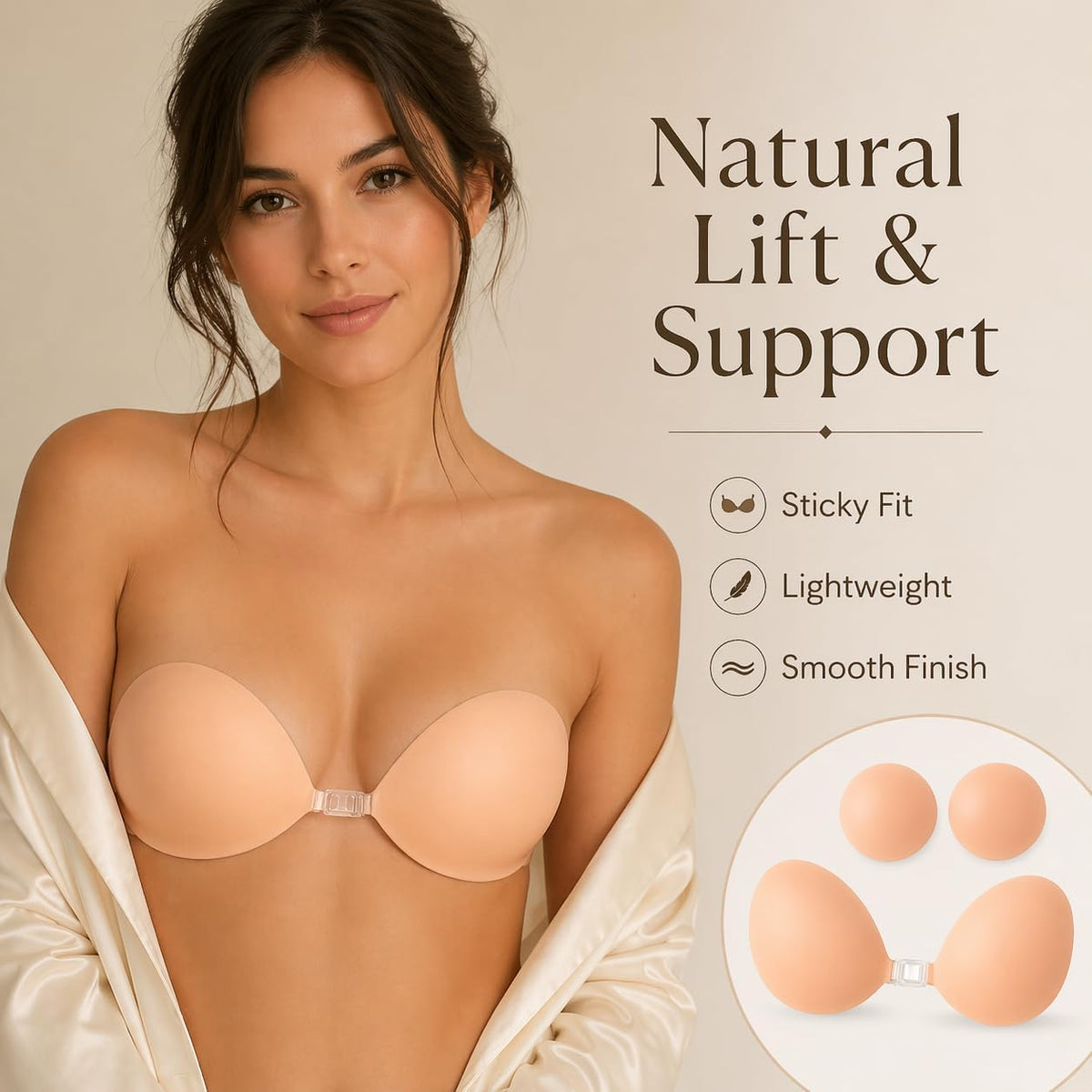 Bvanzo Stick On Bra for Women, Invisible Sticky Backless Strapless Push Up Bra with Sticky Bra Push Up, Skin Friendly and Breathable, Reusable Silicone Adhesive Bra