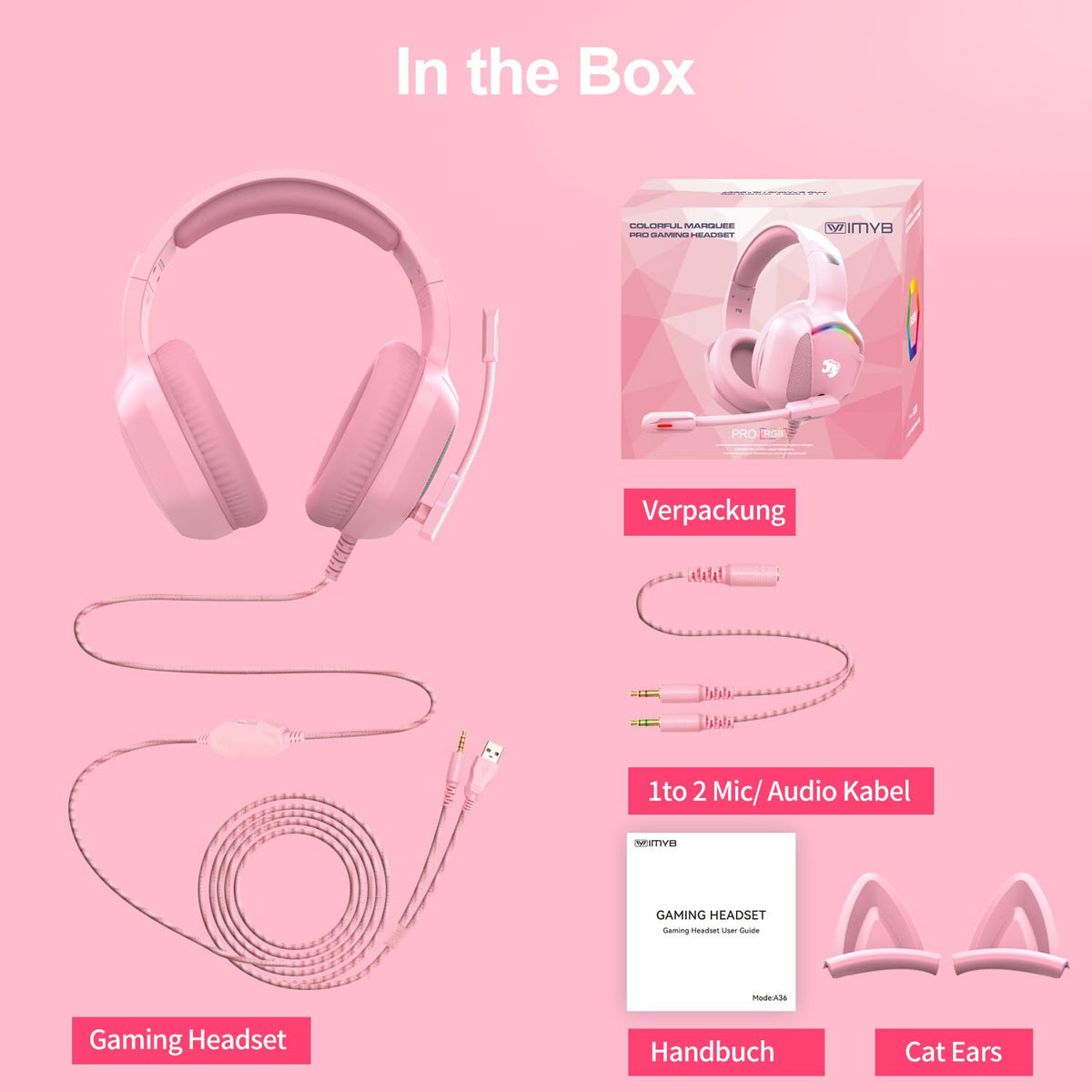 IMYB Gaming Headset with Microphone for Pc, Xbox One Series X/s, Ps4, Ps5, Stereo Wired Noise Cancelling Over-Ear Headphones with Mic, RGB, for Computer, Laptop, Mac, Gamer (White)