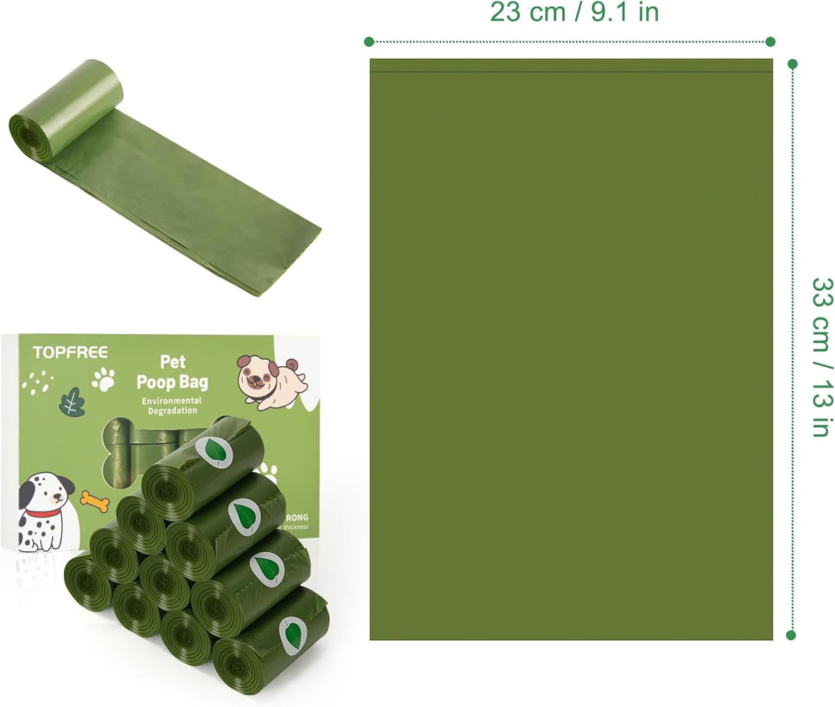 Topfree Poo Bags for Dog Waste, 18 Rolls 180 Dog Poop Bags (Green)