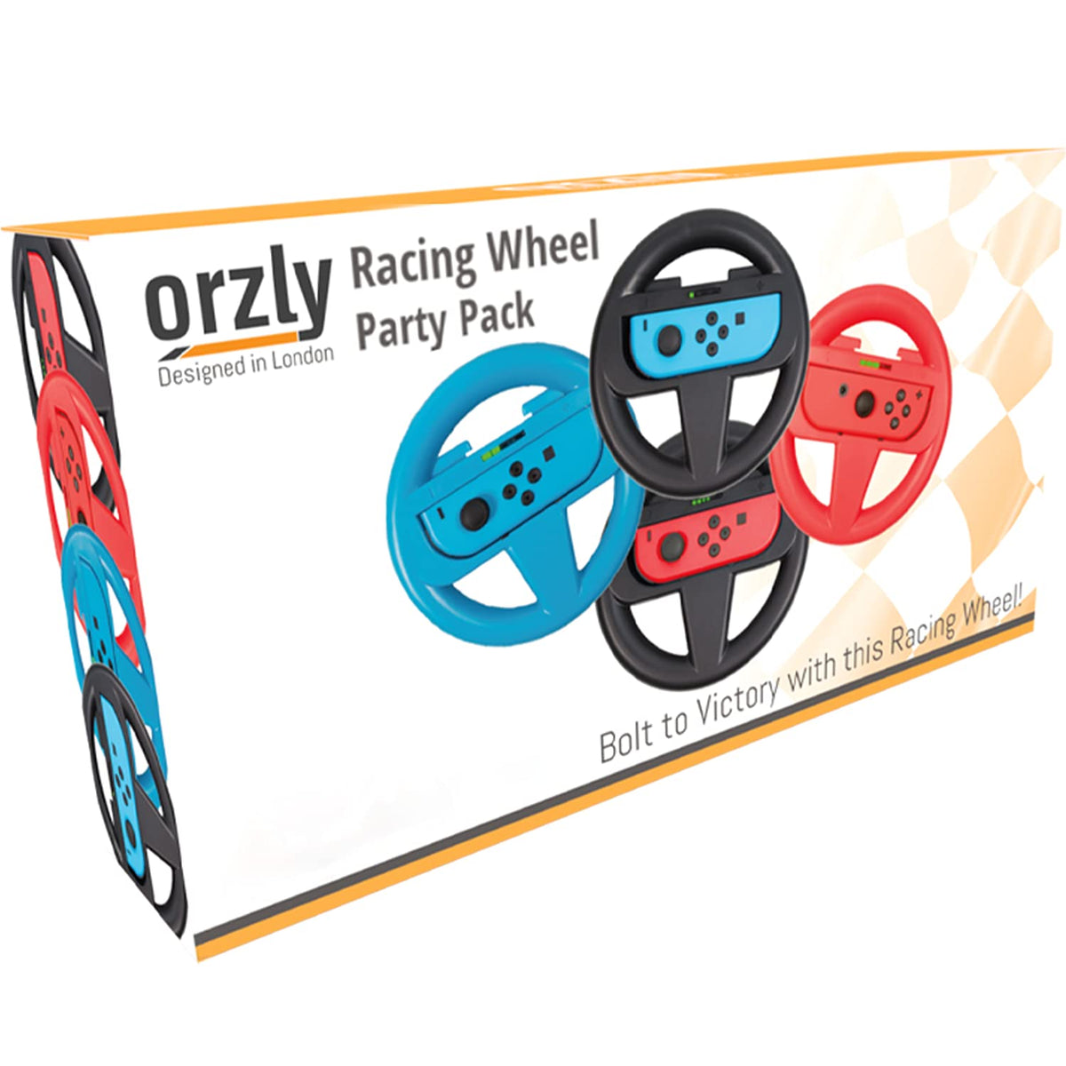 Orzly Racing Steering Wheels – Compatible with Switch 2 (2025 Console) – Party Pack of 4 Joy-Con Controller Attachments for Racing Games (2 Black, 1 Blue, 1 Red)