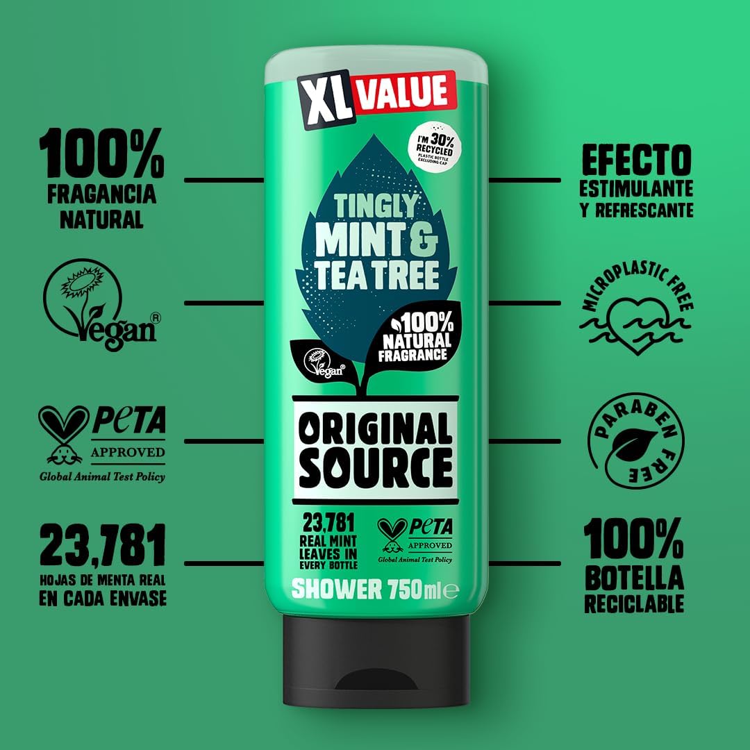 Original Source Mint & Tea Tree Shower Gel, 100 Percent Natural Fragrance, Vegan, Cruelty Free, Paraben Free, Large Bottle, 750 ml