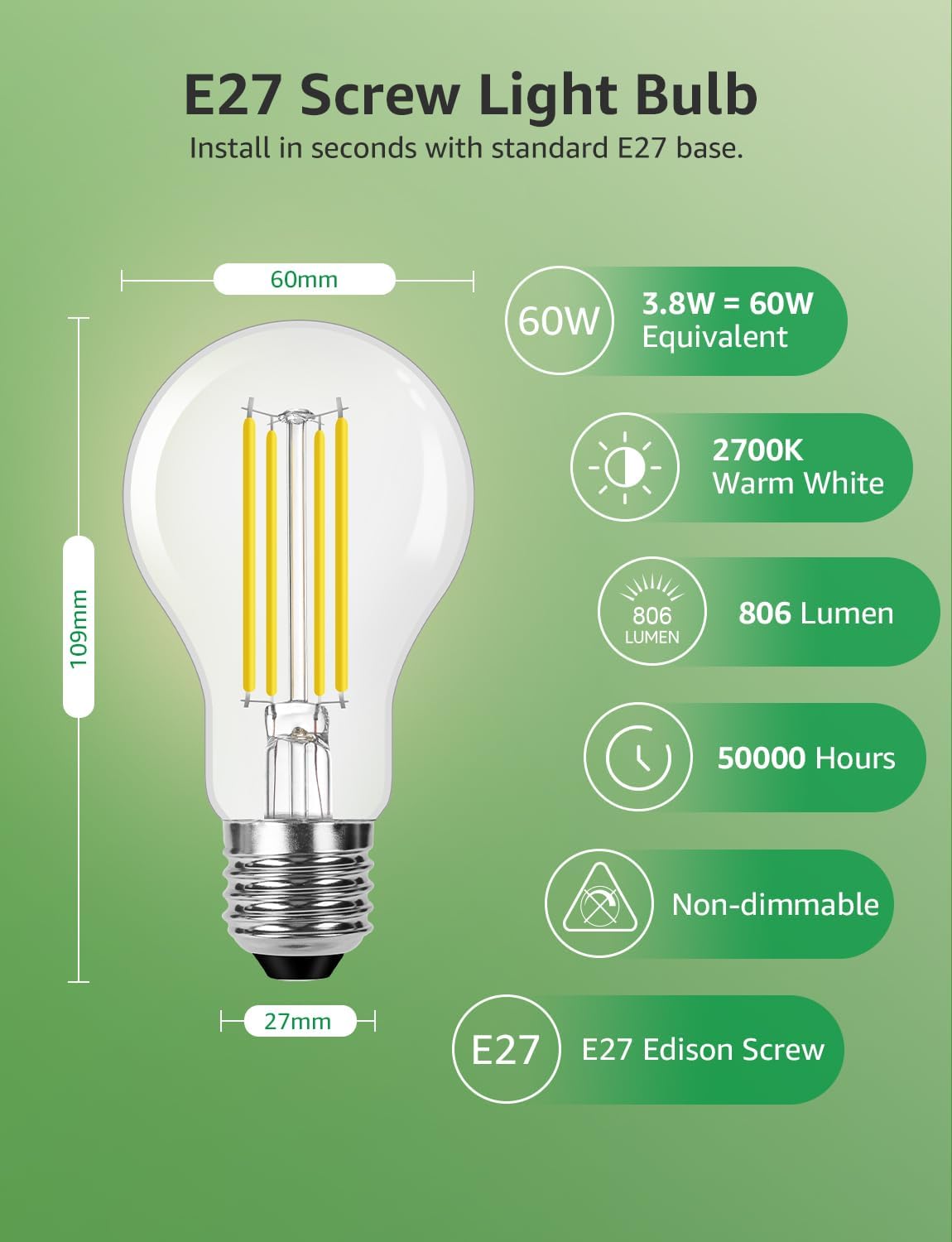 Lepro E27 Screw Bulb A-Rated, 3.8W = 60W, 806lm, 2700K Warm White,Pack of 2