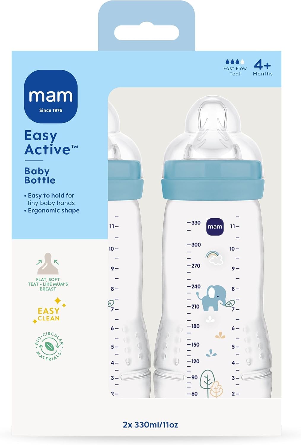 MAM Easy Active Bottles, 4X 330ml, Easy-Grip Ergonomic Shape, Blue