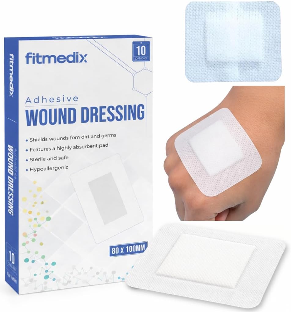 FitMedix Adhesive Wound Dressings (80mm x 100mm)- **Pack of 10** Sterile Dressings for Wounds, Cuts, Grazes, Diabetic Leg Ulcers, Venous Leg Ulcers & Small Pressure Sores- Hypoallergenic Plasters