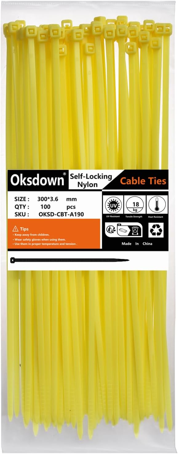 100 Pack Yellow Plastic Cable Ties 300mm×3.6mm Heavy Duty Strong Nylon Premium Self Locking 12 inch/30 cm Long Zip Tie Wraps