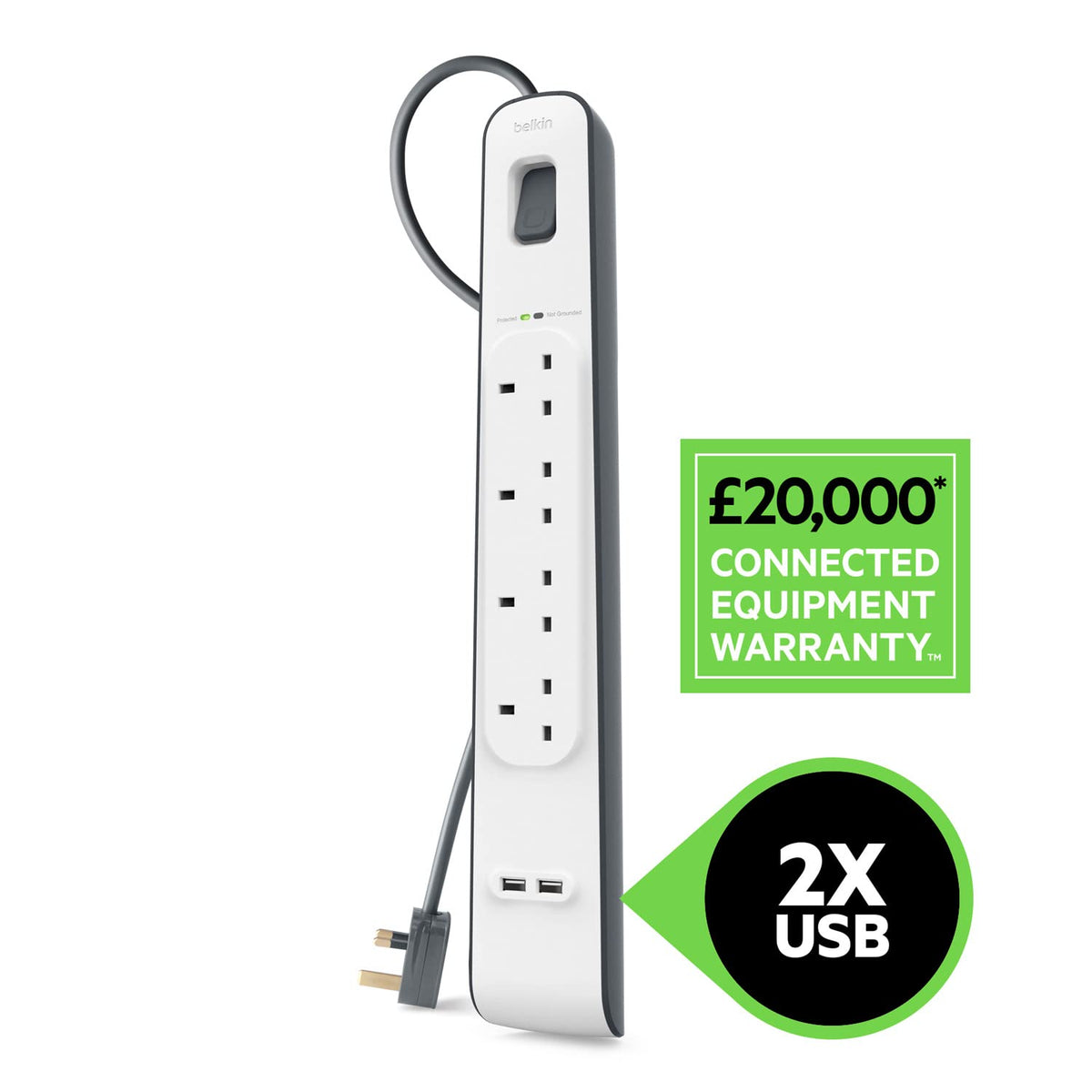 Belkin 4 Way/4 Plug 2 m Surge Protection Extension Lead Strip, White