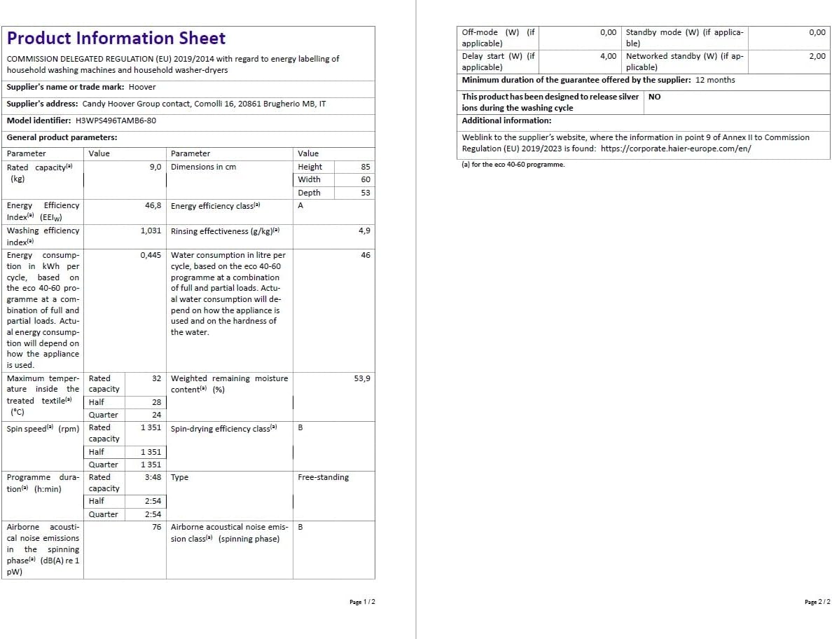 Hoover H-WASH 350 9kg Freestanding Washing Machine, 1400 RPM, A Rated, ECO-Power Inverter Motor, hOn App, 60 Programmes, Eco Doser, Power Care System, White, 60x53x85 cm - H3WPS496TAMB6-80