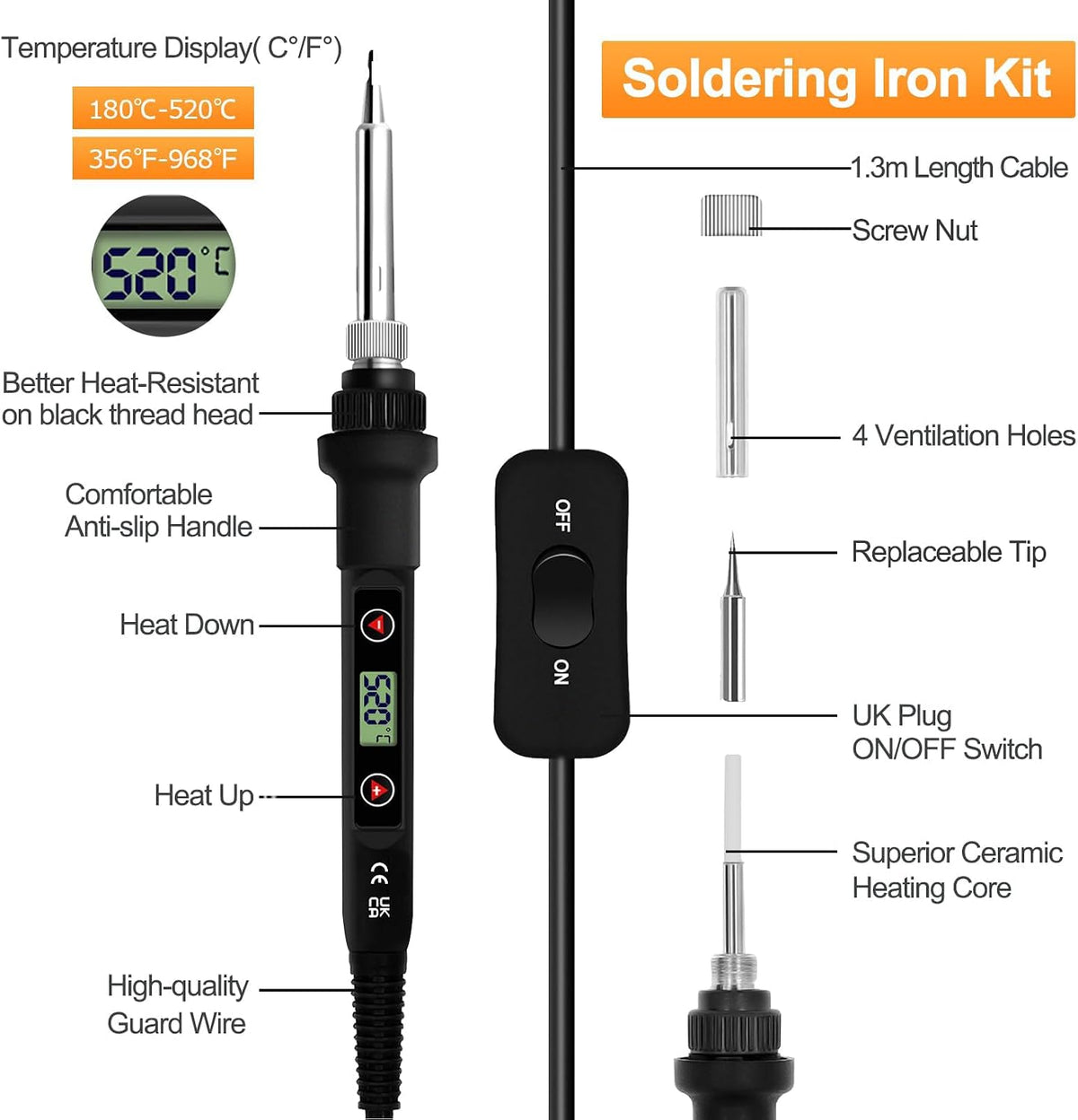 Soldering Iron Kit 80W LCD Adjustable Temp 180-520°C Welding Tool,Black