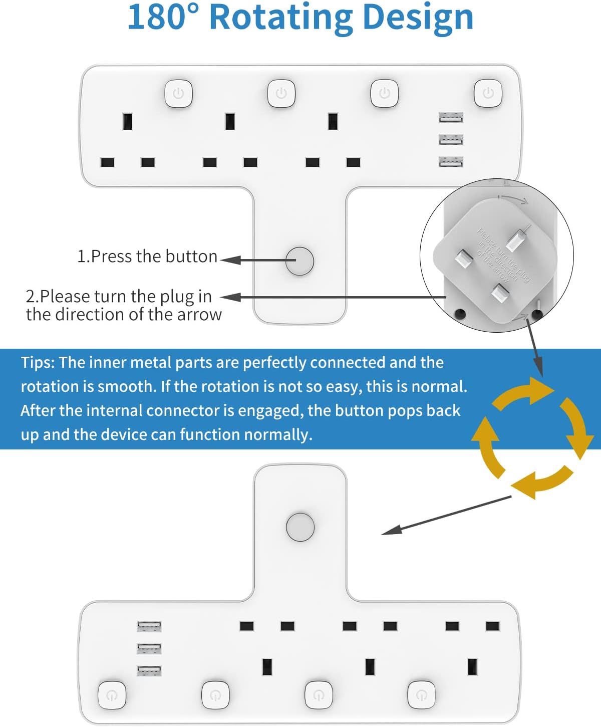 Plug Adapter, Mscien 3 Way Extension Plug with 3 USB, Plug Extension Socket with Independent Switches, Multi Plug Adaptor UK Built-in Surge Protector with 180 Degree Rotation Button