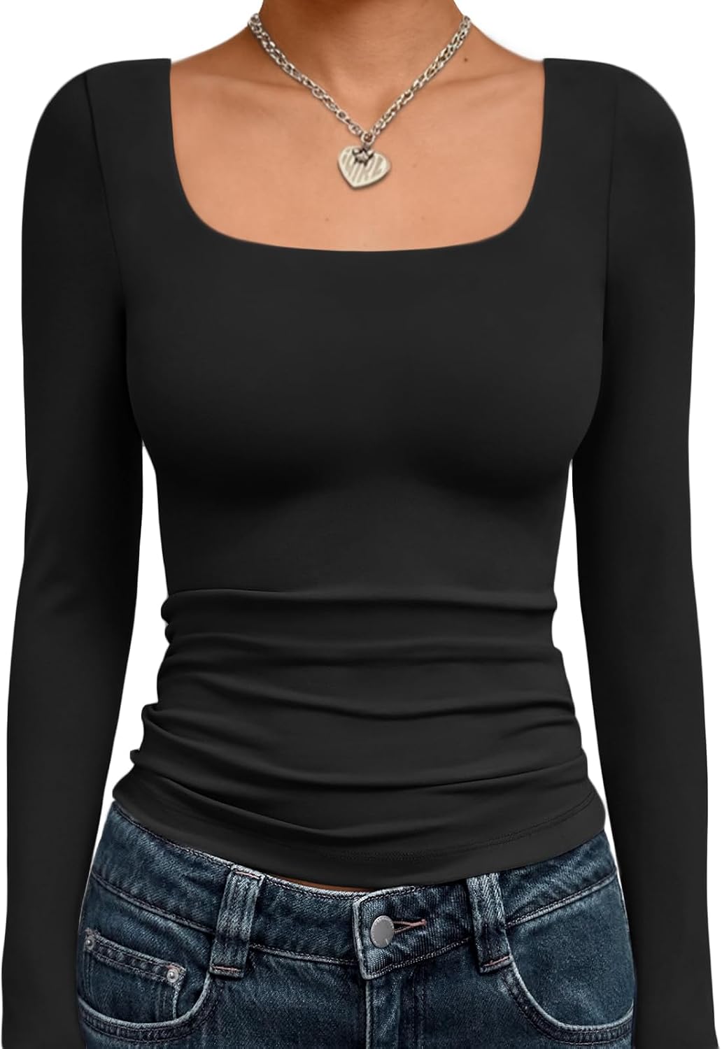 LILLUSORY Long Sleeve Tops Women UK Square Neck Double Lined T Shirts