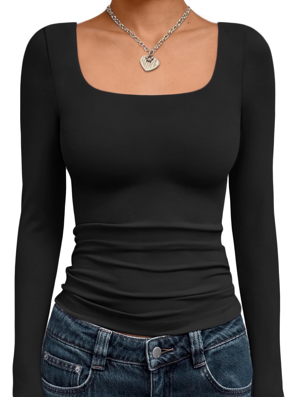 LILLUSORY Long Sleeve Tops Women UK Square Neck Double Lined T Shirts