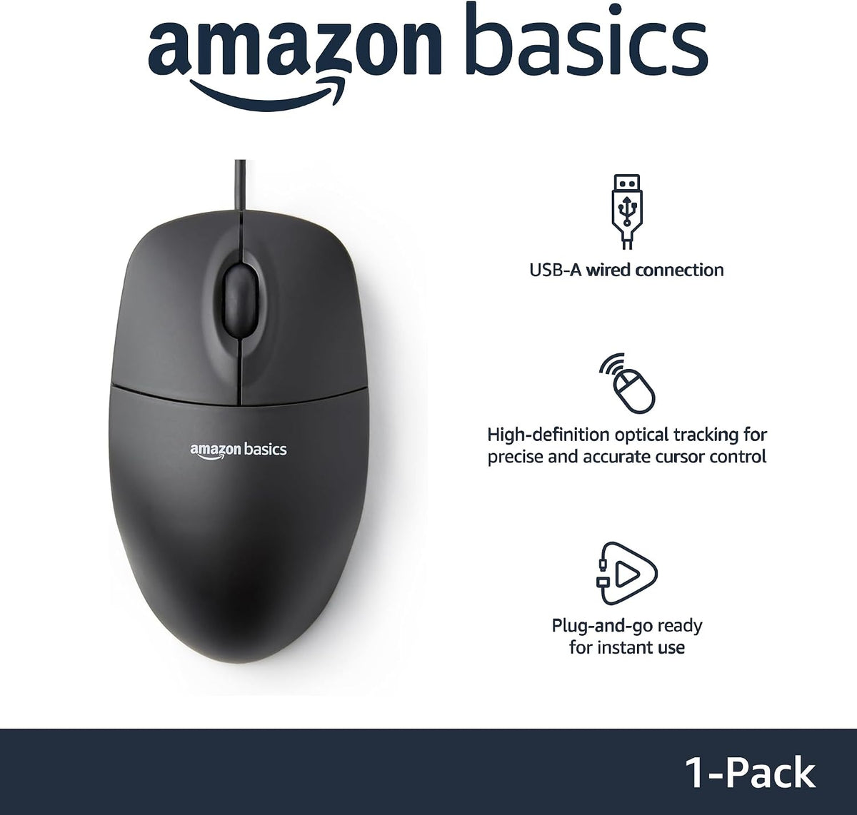 Amazon Basics Responsive and Precise 3-Button Wired USB Computer Mouse with Scrolling and Tracking, Single, Black
