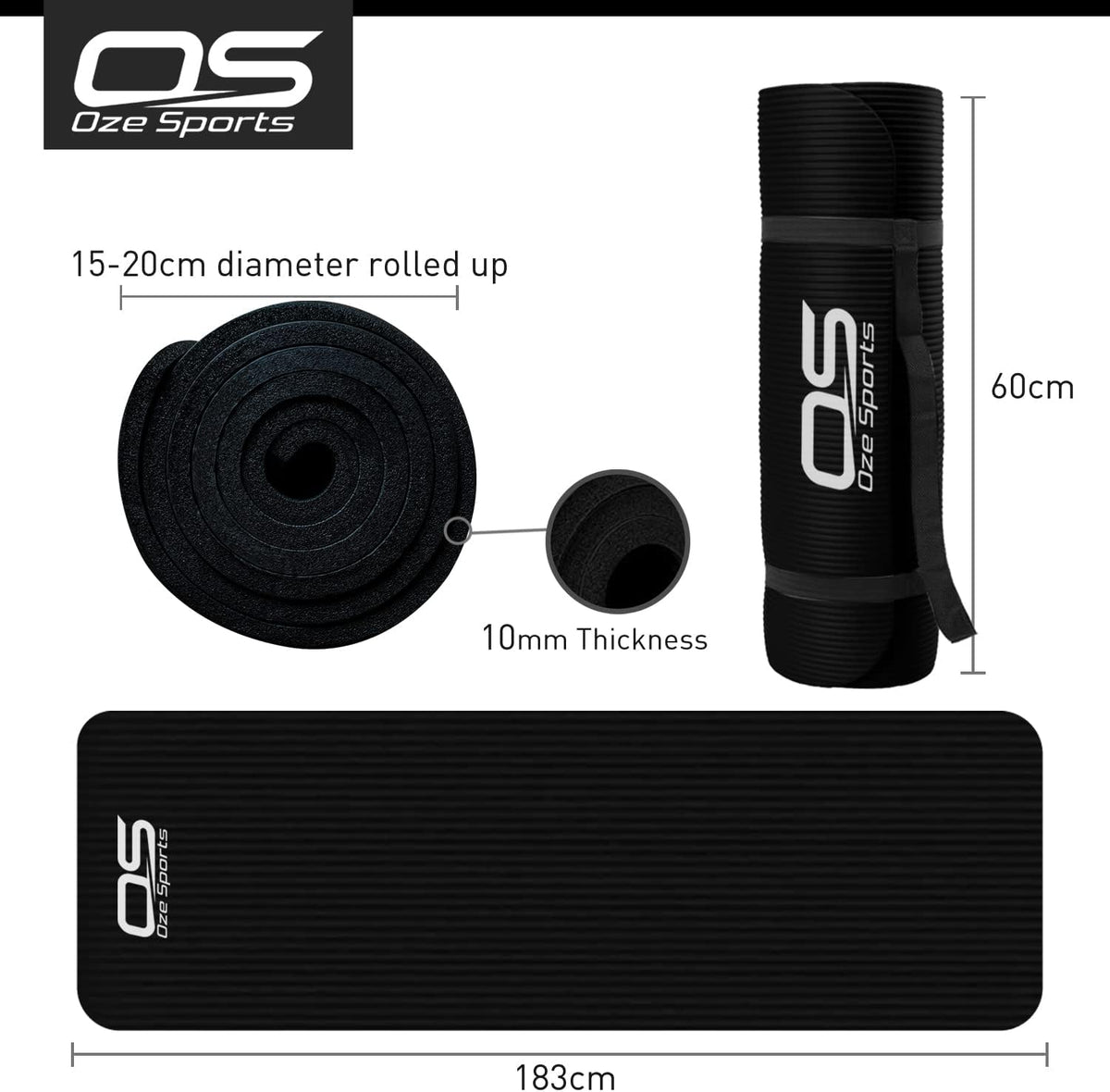 OZE SPORTS Yoga Mat, NBR Foam, Extra Thick, Non-Slip, High Density, Large, for Pilates, Gymnastics, HiiT and Fitness, with Free Carry Strap