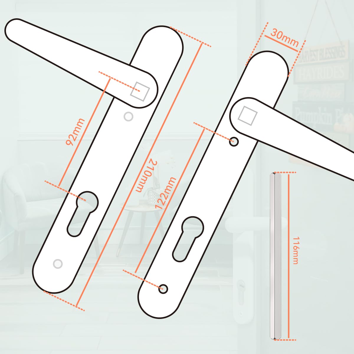 Bwintech 1 Set Black UPVC Door Handle Set, 92mm Backset,122mm Screw Hole Distance, 210mm Plate Length Front Door Handles for UPVC Door