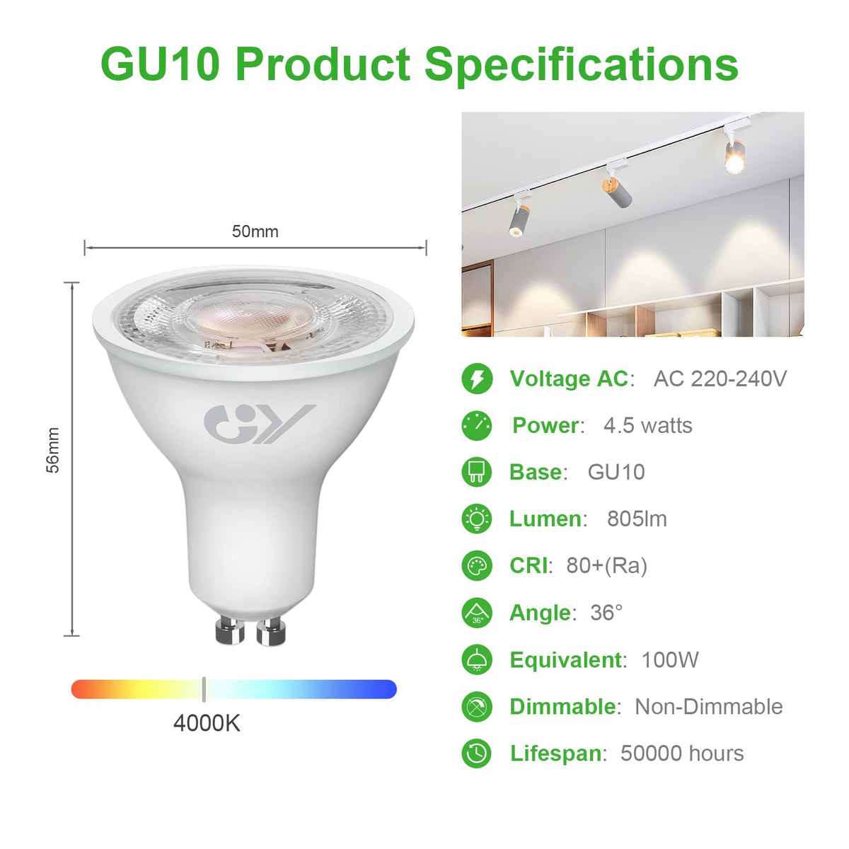 GY GU10 LED Bulb 4.9W 790lm Cool White 6500K Energy Saving LED Bulb, The New UK Energy Efficiency Class B Replaces 80W, 110°Beam Angle Non-Dimmable, 10 Pack