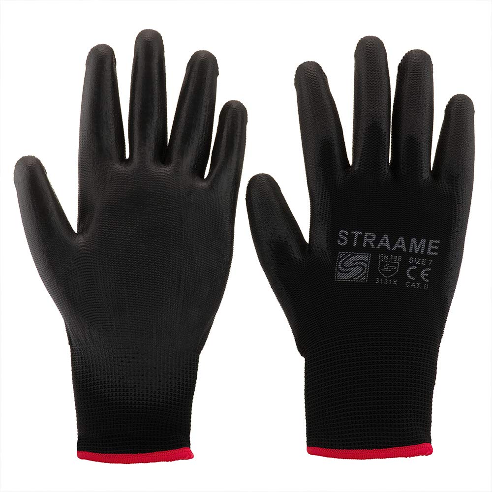 Straame Black Work Gloves, 12 Pairs, PU Coated Nylon, Non-Slip Grip, Size S