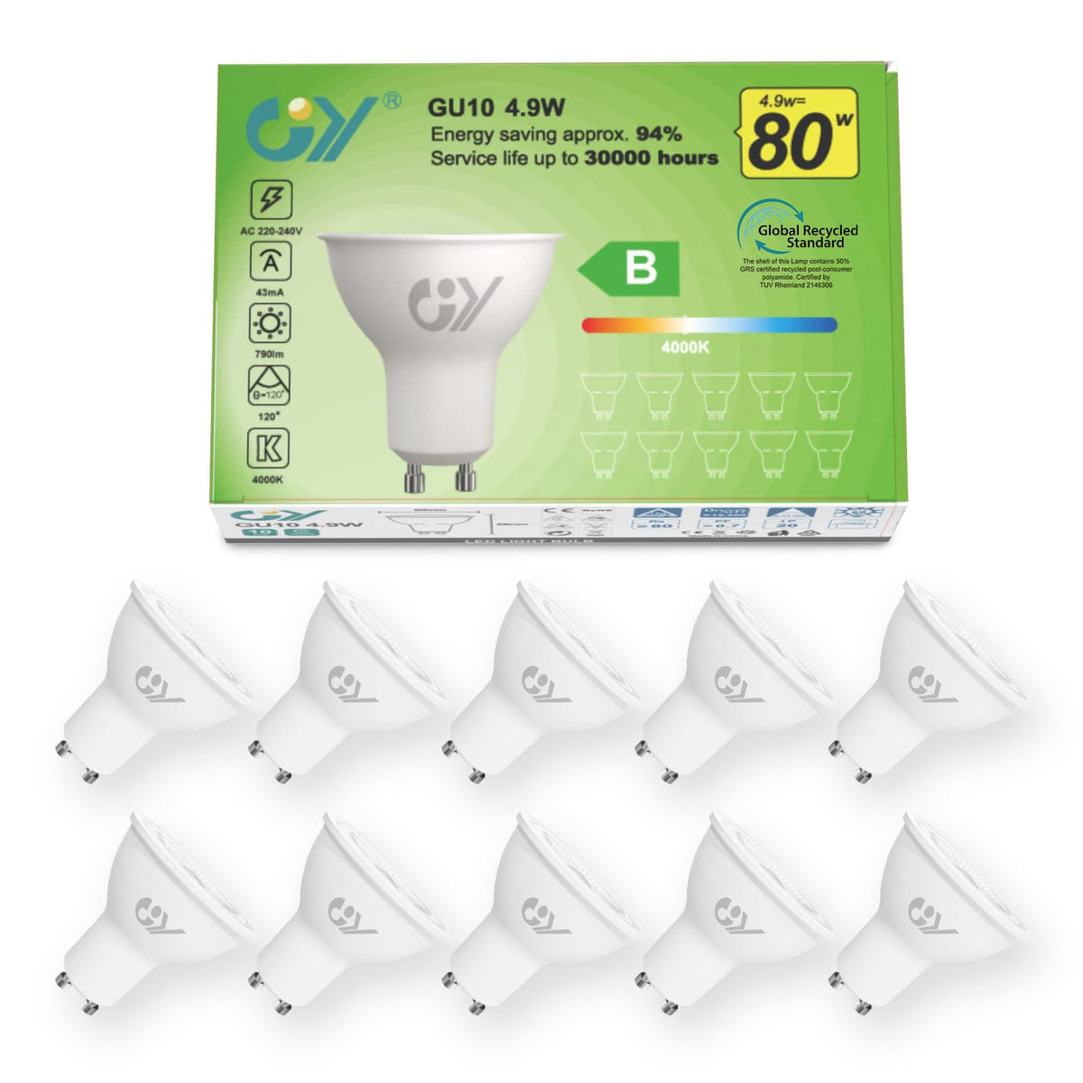 GY GU10 LED Bulb 4.9W 790lm Cool White 6500K Energy Saving LED Bulb, The New UK Energy Efficiency Class B Replaces 80W, 110°Beam Angle Non-Dimmable, 10 Pack