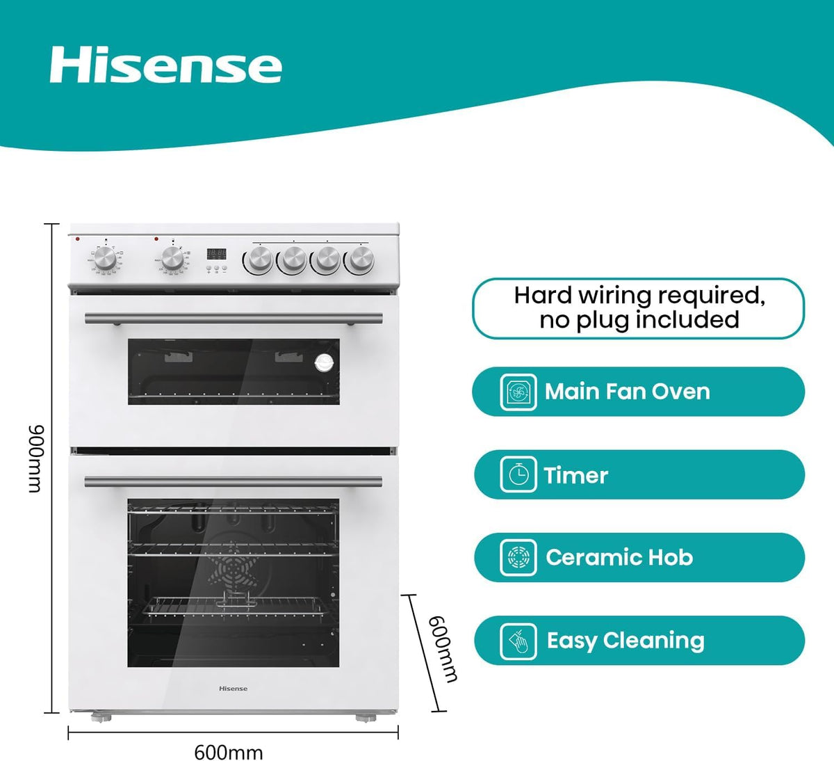 Hisense HDUKC60W 60cm Electric Cooker with Ceramic Hob-White, A Rated Double Oven 50L/80L [Energy Class A]