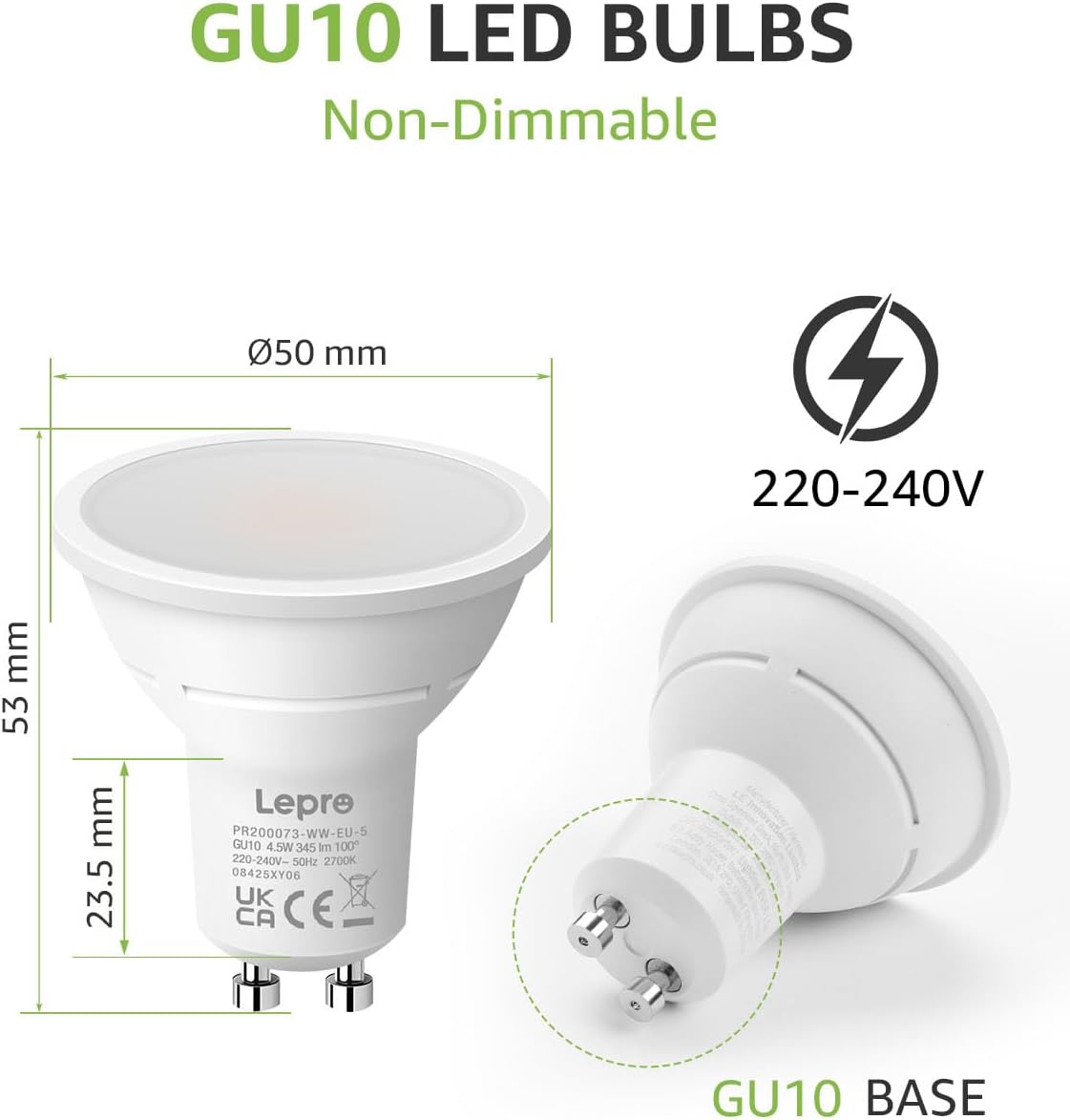 Lepro GU10 LED Bulbs, Warm White 2700K, 4.5W, 50W Equivalent, Pack of 5