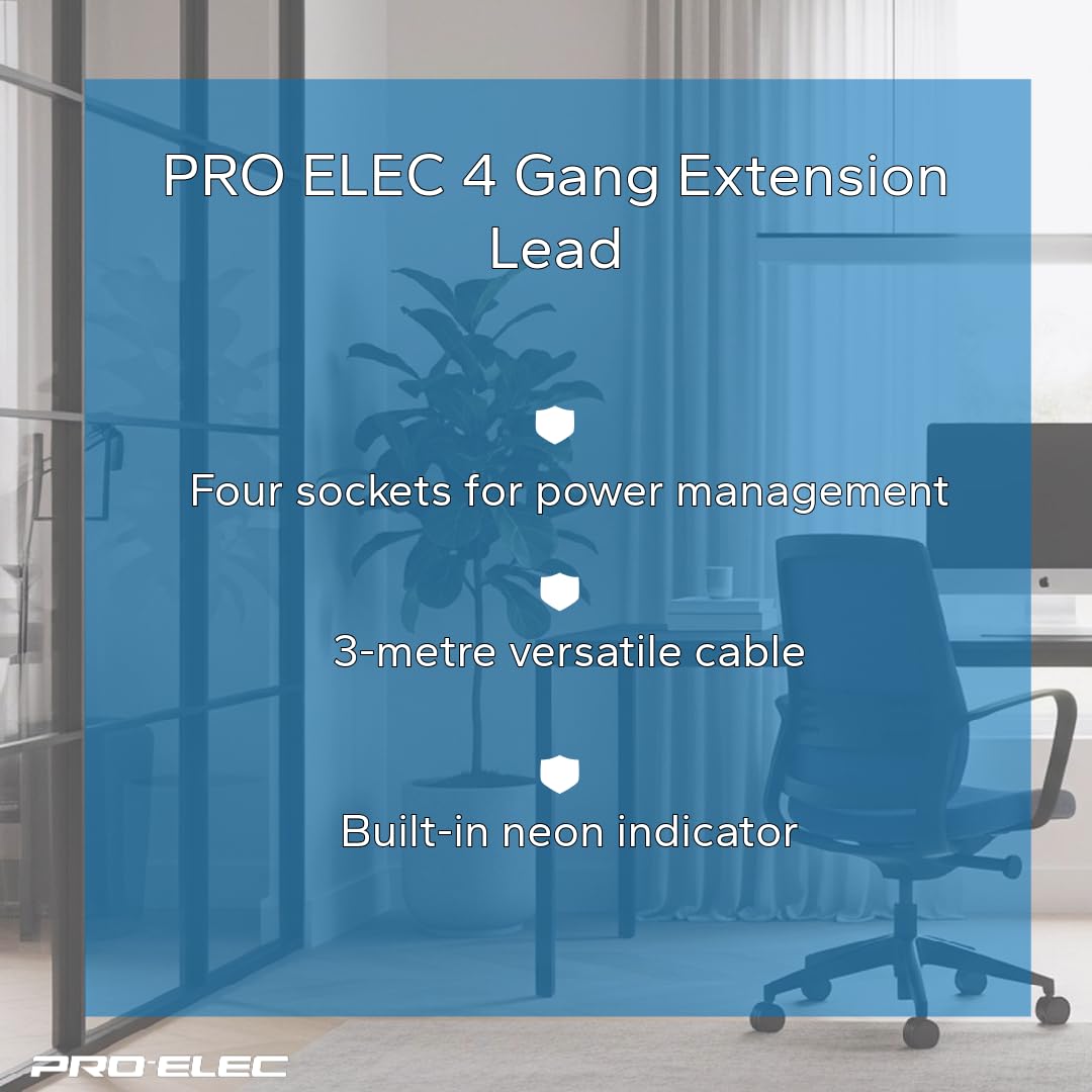 Pro Elec 3 m 4 Socket Neon On Light Extension Lead - White