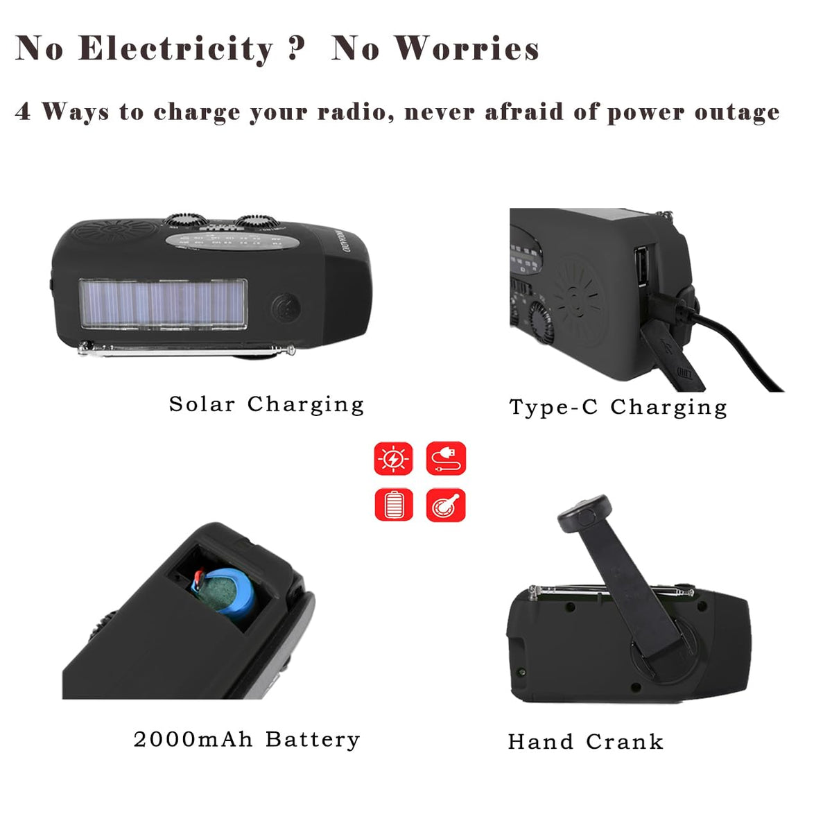 NNOOAADIO Wind Up Solar Hand Crank Radio, 2000mAh SOS Alarm for Camping