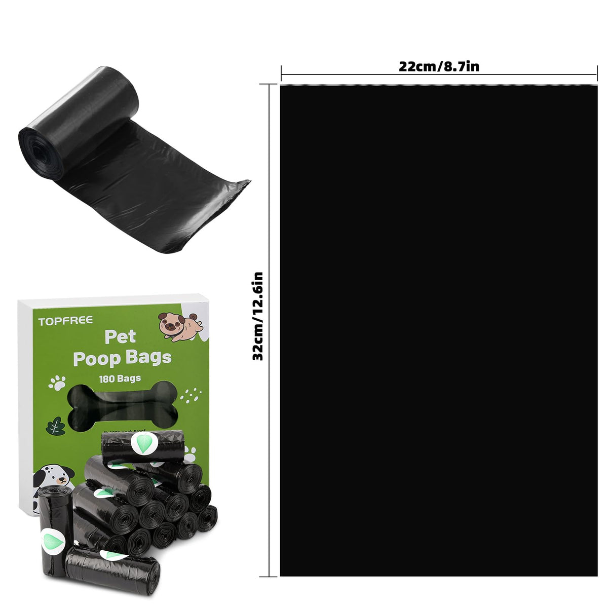 Topfree Poo Bags for Dog Waste, 18 Rolls 180 Dog Poop Bags (Green)