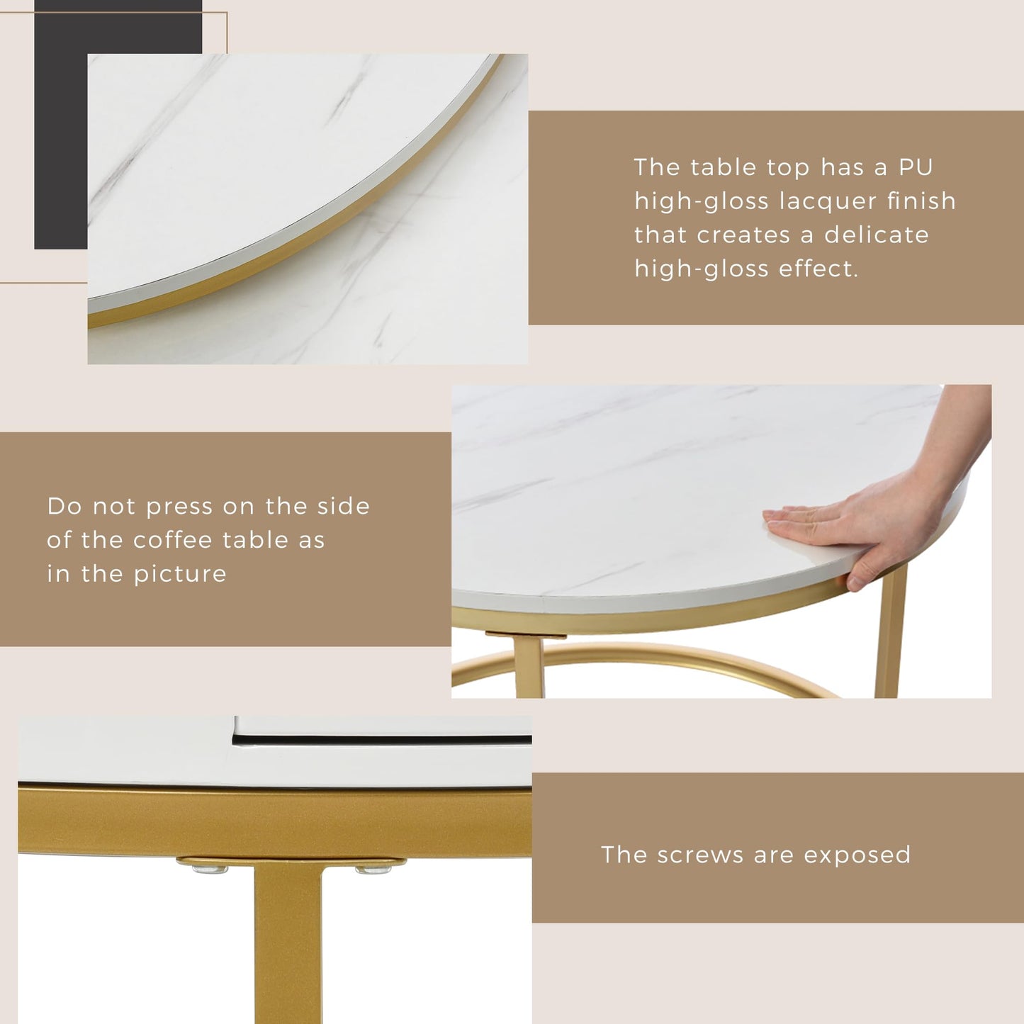ModernLuxe 2-in-1 Coffee Table, Multi-functional Side Table with Marble Grain Veneer Top, Rattan Drawers, Solid Wood Handles, Gold Coloured Iron Legs, Round Nest of Tables for Living Room, Black