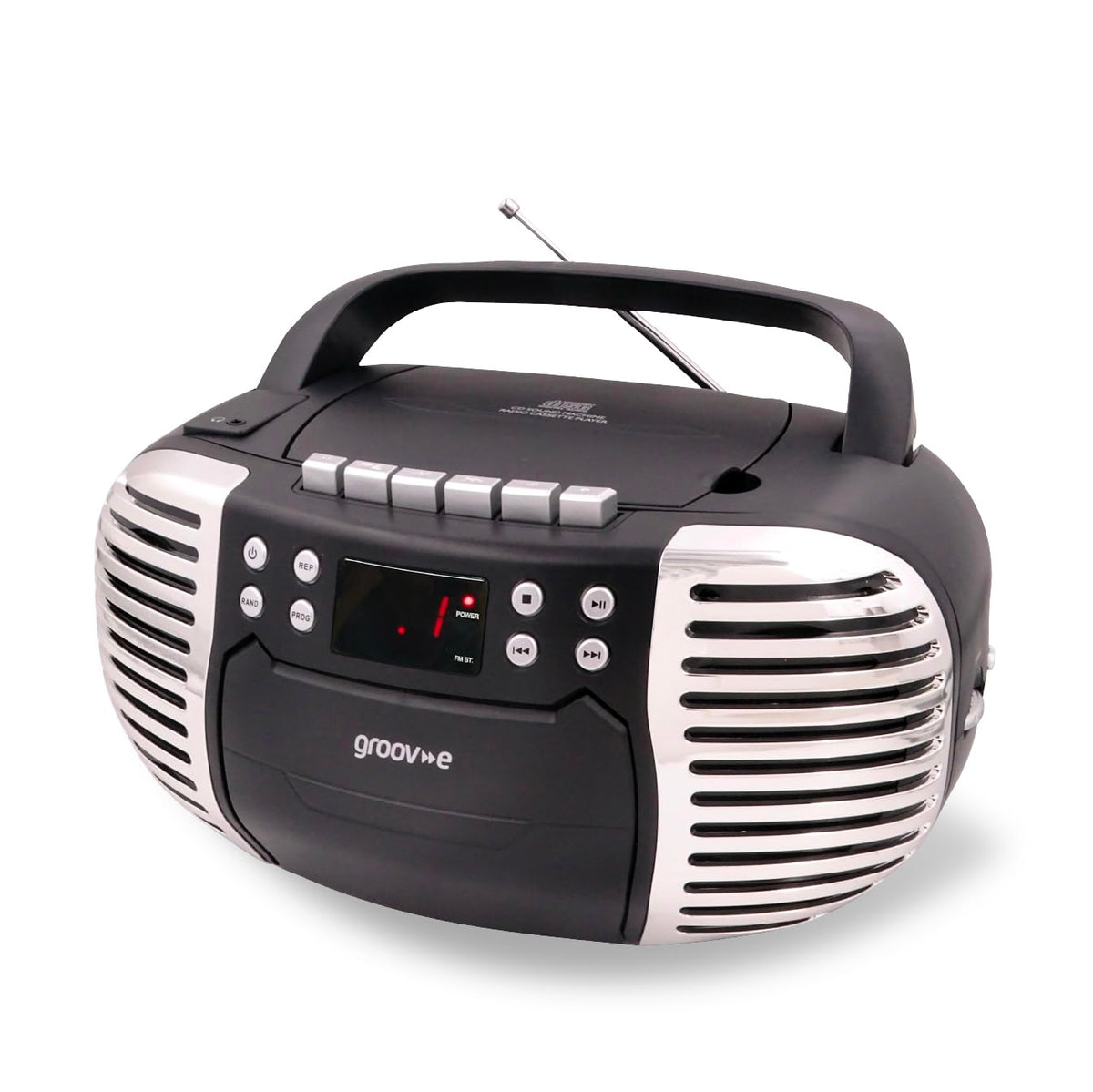 Groov-e Original Boombox - Portable CD Player with Bluetooth, Radio, 3.5mm Aux Port, & Headphone Socket - LED Display, 2 x 1.2W Speakers - Battery or Mains Powered - Black
