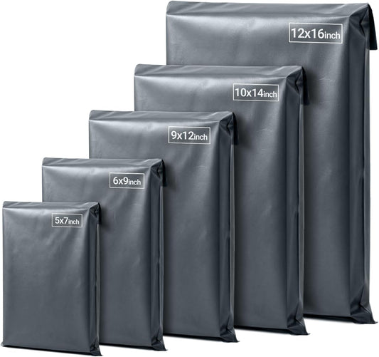 125 Mixed Grey Parcel Bags, Tamper-Proof Strong Postal Packaging Bags for Shipping, Mailing & Delivery, 5 Sizes Small to Large, 25 Each
