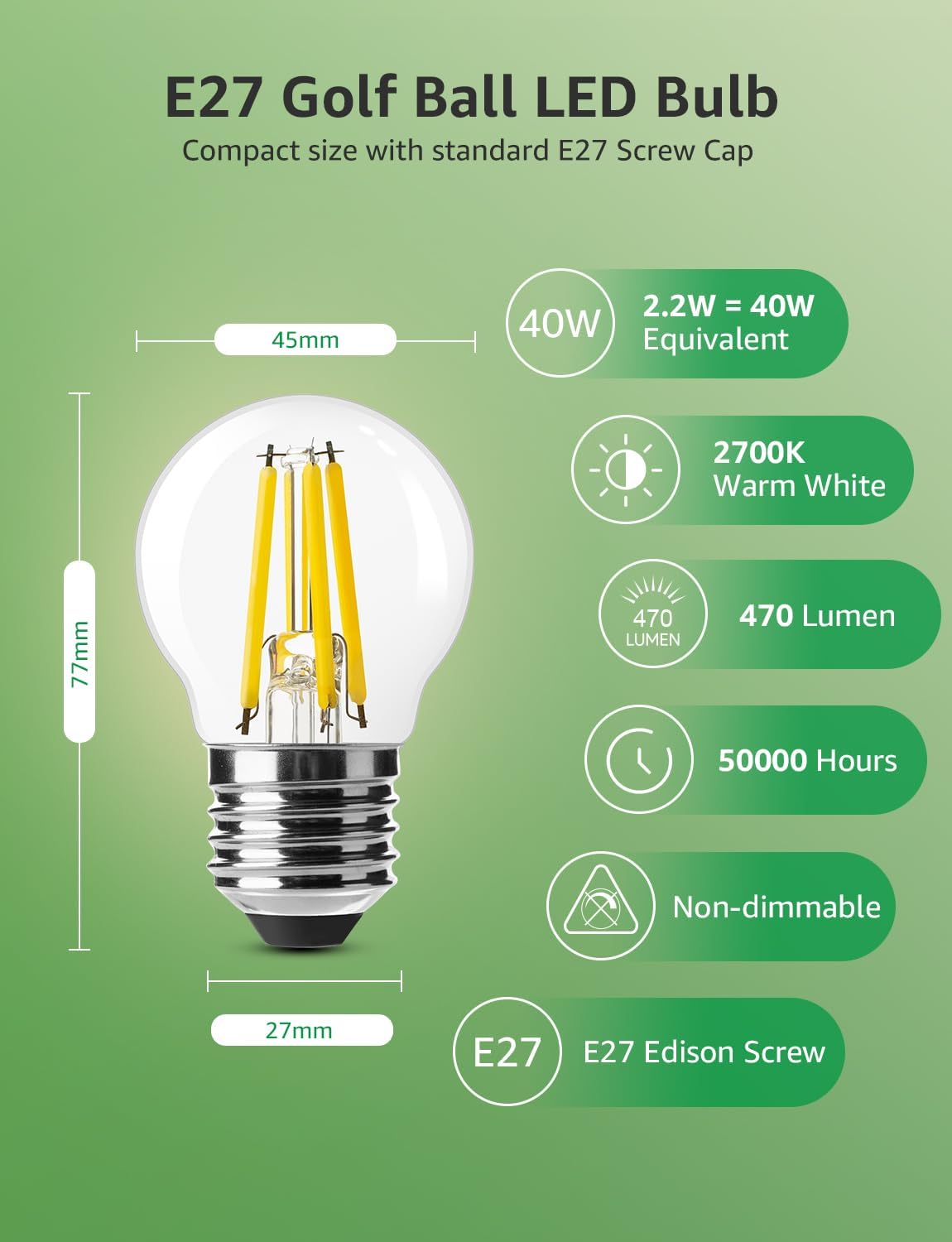 Lepro G45 E27 Screw Bulb A-Rated, Warm White, 2.2W = 40W, 470LM, Pack of 2