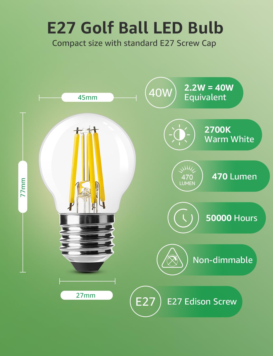 Lepro G45 E27 Screw Bulb A-Rated, Warm White, 2.2W = 40W, 470LM, Pack of 2