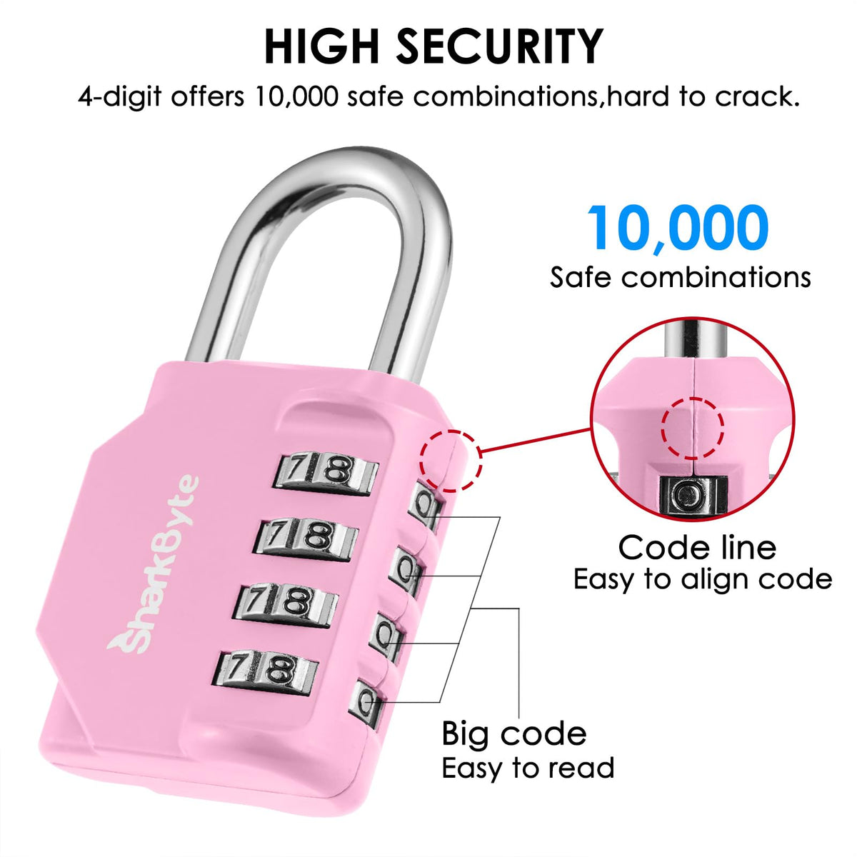 SharkByte Heavy Duty Combination Padlock – 4-Digit Weatherproof Outdoor Lock with Stainless Steel Shackle, Anti-Rust Resettable Code for Gym, School, Locker, Shed, Toolbox, Gate & Warehouse - Red