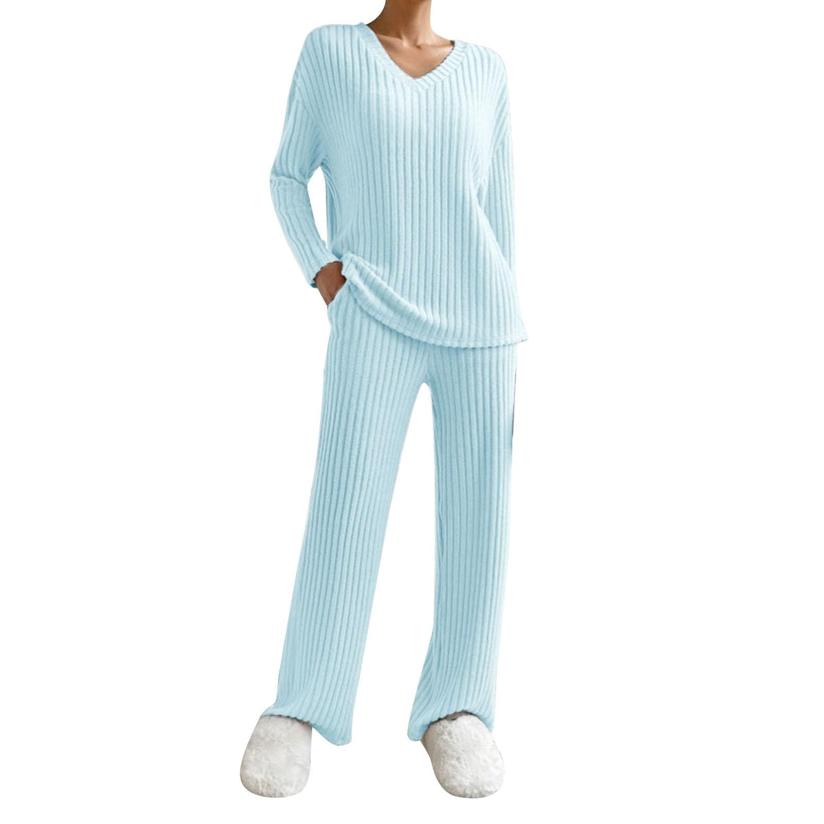Lounge Wear Sets For Women Uk Womens Pyjamas Set Ladies Pyjamas Two Piece Outfit Fleece Tracksuits V-Neck Long Sleeve Jumpers And Wide Leg Trousers With Pockets Sleepwear Plain Casual Homewear
