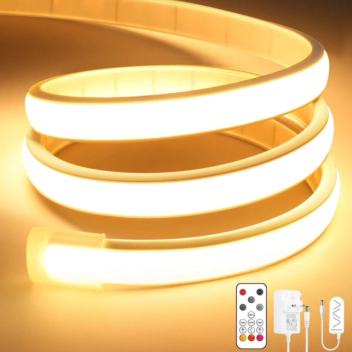 Lamomo COB LED Strip Light 5M, White Dimmable Neon Rope with Remote
