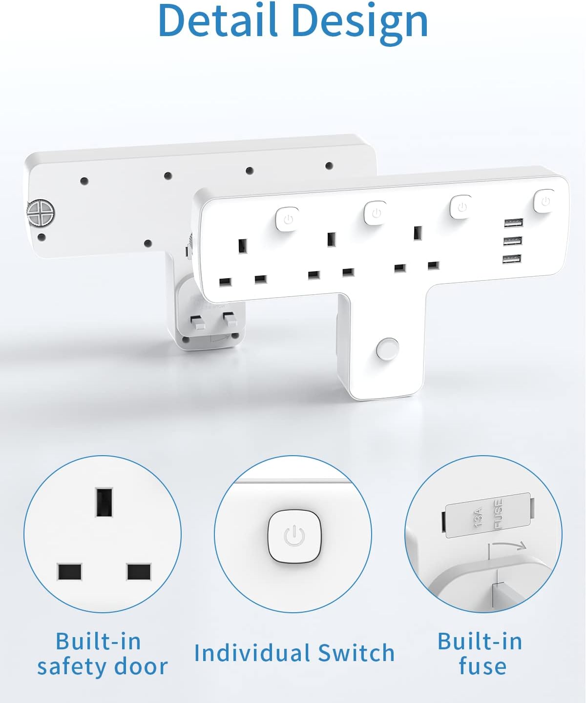 Plug Adapter, Mscien 3 Way Extension Plug with 3 USB, Plug Extension Socket with Independent Switches, Multi Plug Adaptor UK Built-in Surge Protector with 180 Degree Rotation Button