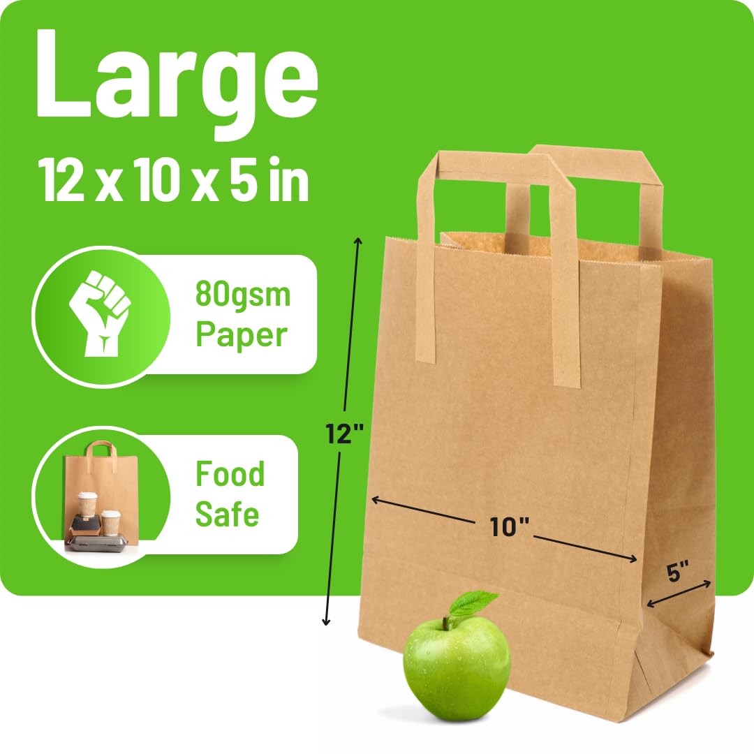 Brown Paper Bags with Handles - Small 8 x 7 x 3.5", 250 Pack, 80gsm Kraft Material, Takeaway Lunch Grocery Shopping Gift Party