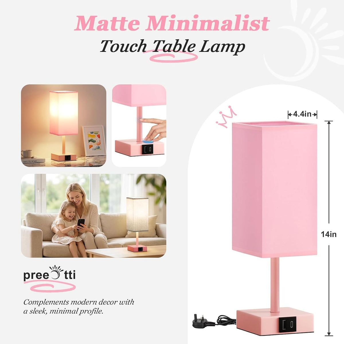 Pink Touch Lamp, Bed Lamp with Dual USB Charging Ports, Pink-Base (Bulb Included)