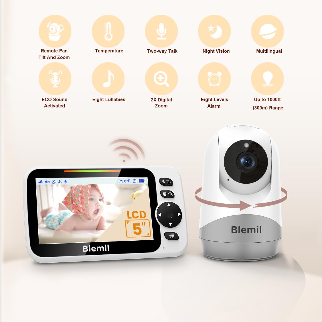 Blemil Baby Monitor with Camera, 6'' IPS Screen Baby Camera Monitor No WiFi