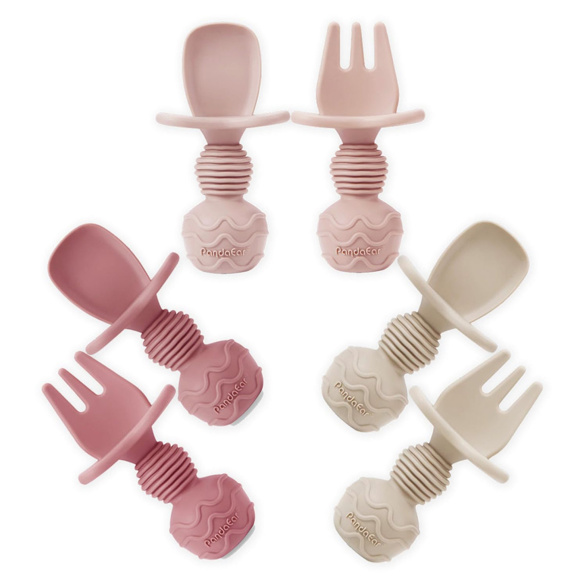 PandaEar 6 Pack Silicone Baby Weaning Spoons and Forks Set| Toddler Cutlery Self Feeding Spoons for Baby| Anti-Choke Design for Baby Led Weaning 3 Months Plus (Blue Green Tan)