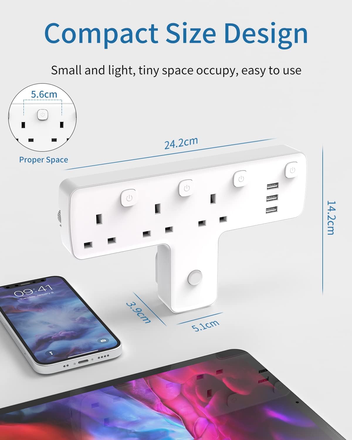 Plug Adapter, Mscien 3 Way Extension Plug with 3 USB, Plug Extension Socket with Independent Switches, Multi Plug Adaptor UK Built-in Surge Protector with 180 Degree Rotation Button