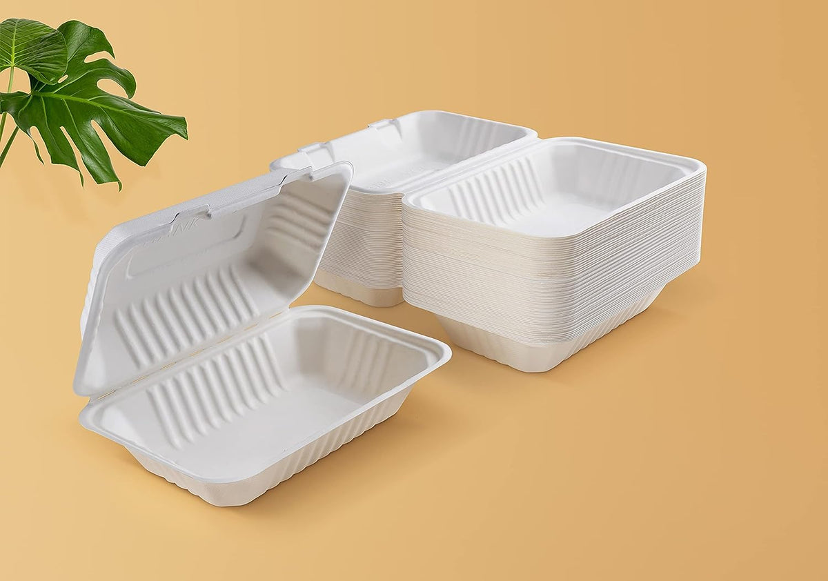 FOOGO Green 50pcs Clamshell Takeaway Boxes, 9x6 inch, 30oz / 900ml