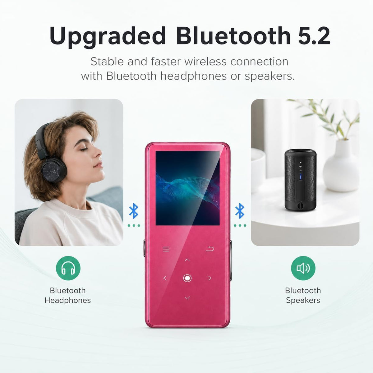 64GB MP3 Player with Bluetooth 5.2, AiMoonsa Music Player with Built-in HD Speaker, FM Radio, Voice Recorder, HiFi Sound, E-Book Function, Earphones Included