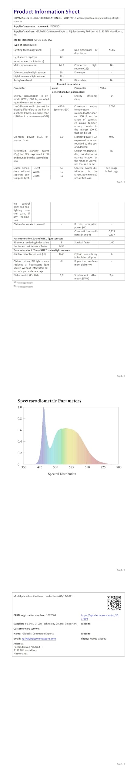 DiCUNO G9 LED Bulb Warm White 2700K, 3W=30W, 410LM, 6 Pcs