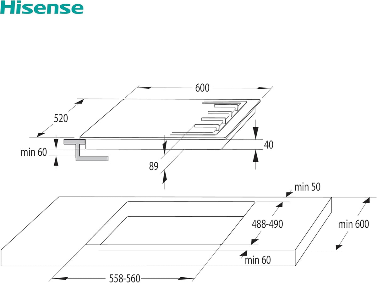 Hisense GM642XHS Built-in 60cm Gas Hob - Stainless Steel with 4 Cooking Areas, Easy Clean Surface, One -Hand Ignition, 60 x 52 x 8.9 cm (L x W x H)