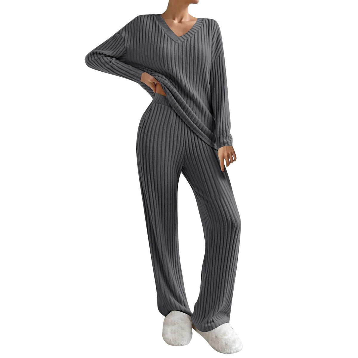 Lounge Wear Sets For Women Uk Womens Pyjamas Set Ladies Pyjamas Two Piece Outfit Fleece Tracksuits V-Neck Long Sleeve Jumpers And Wide Leg Trousers With Pockets Sleepwear Plain Casual Homewear