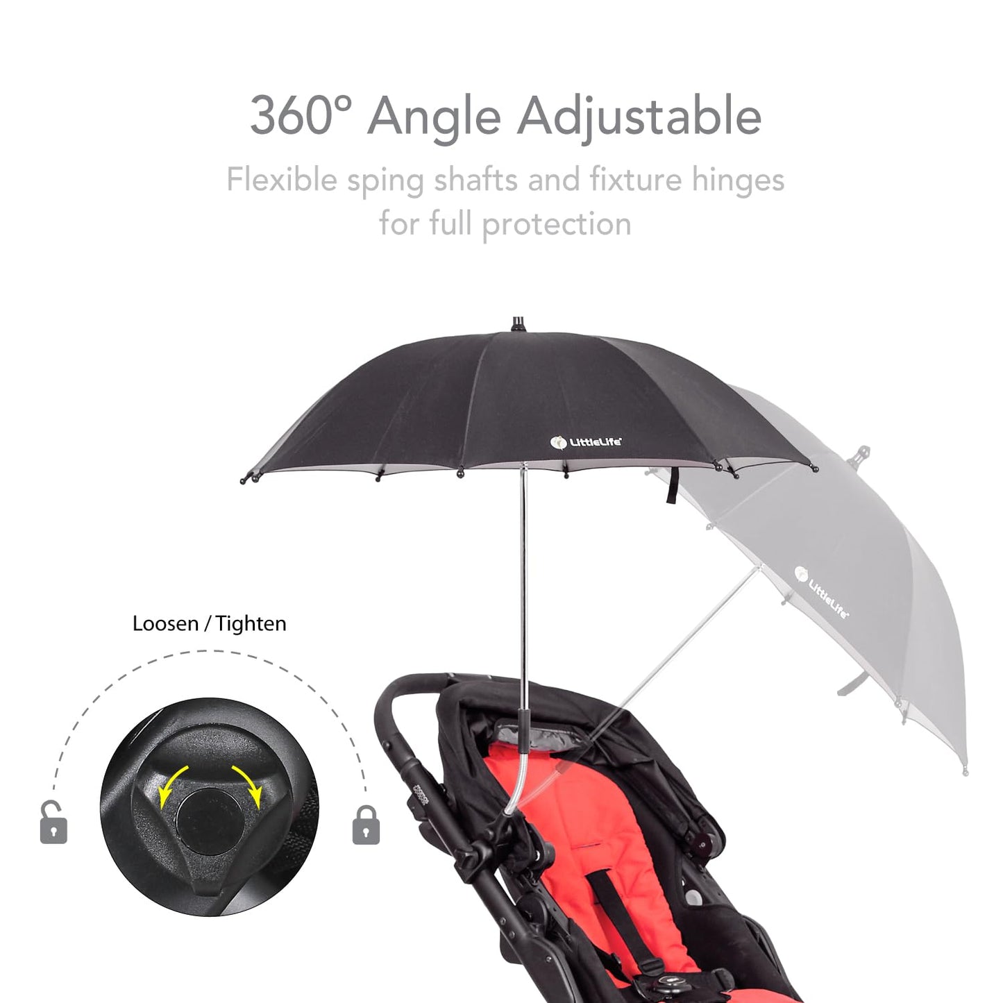 LittleLife Baby Sun Parasol UPF50+ | Universal Pushchair & Buggy Umbrella, Adjustable 360° Shade for Safe Summer Walks, Black